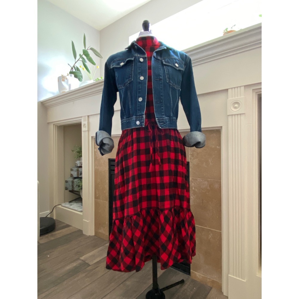 BP. Red Black Buffalo Plaid Sleeveless Mock Neck Midi Dress Large NWT - Picture 3 of 10